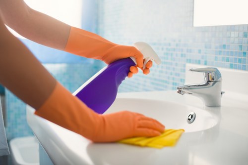 Home cleaning supplies arranged for regular cleaning routine