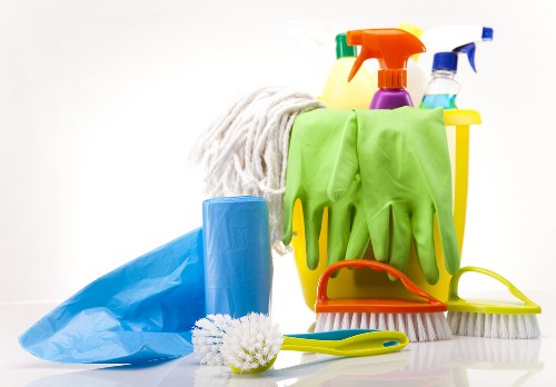 House cleaning supplies arranged for a tidy home
